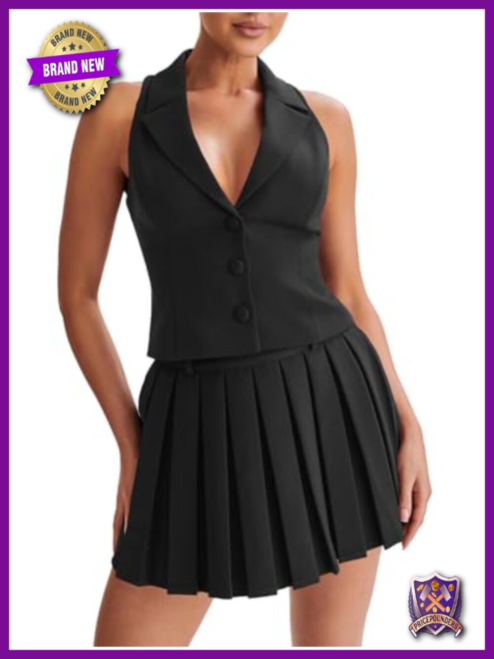 Womens 2 Piece Outfit V Neck Blazer Vest Pleated Skirt Set